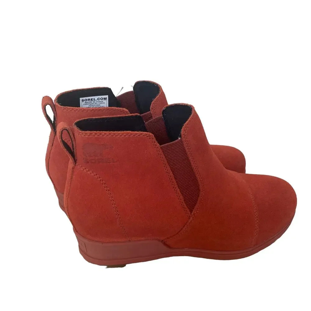 SOREL Waterproof Suede Leather Evie Pull On Wedge Ankle Bootie WARP RED 9.5